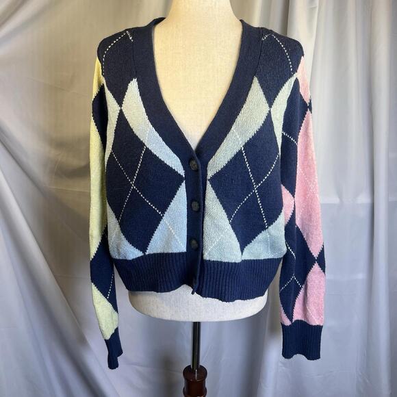 American Eagle Outfitters Sweaters - American Eagle Outfitters Argyle Cardigan Sweater - Navy, Pink, Yellow